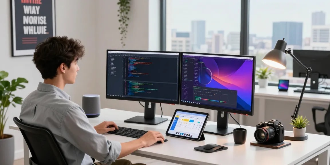 Dynamic workspace illustrating a young professional at the WPS Official Website, showcasing coding and modern tech elements.