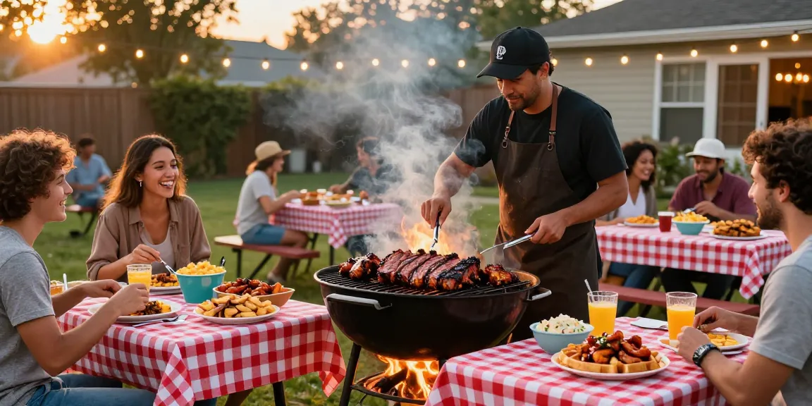Enjoying delicious bbq food Alberta with friends at summer outdoor grill party.