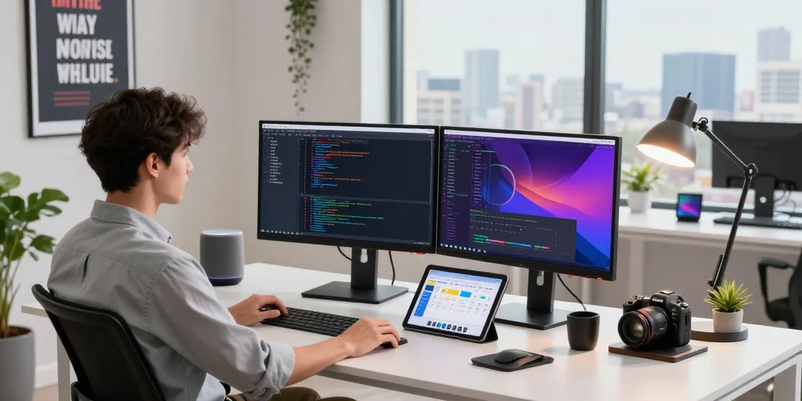Dynamic workspace illustrating a young professional at the WPS Official Website, showcasing coding and modern tech elements.