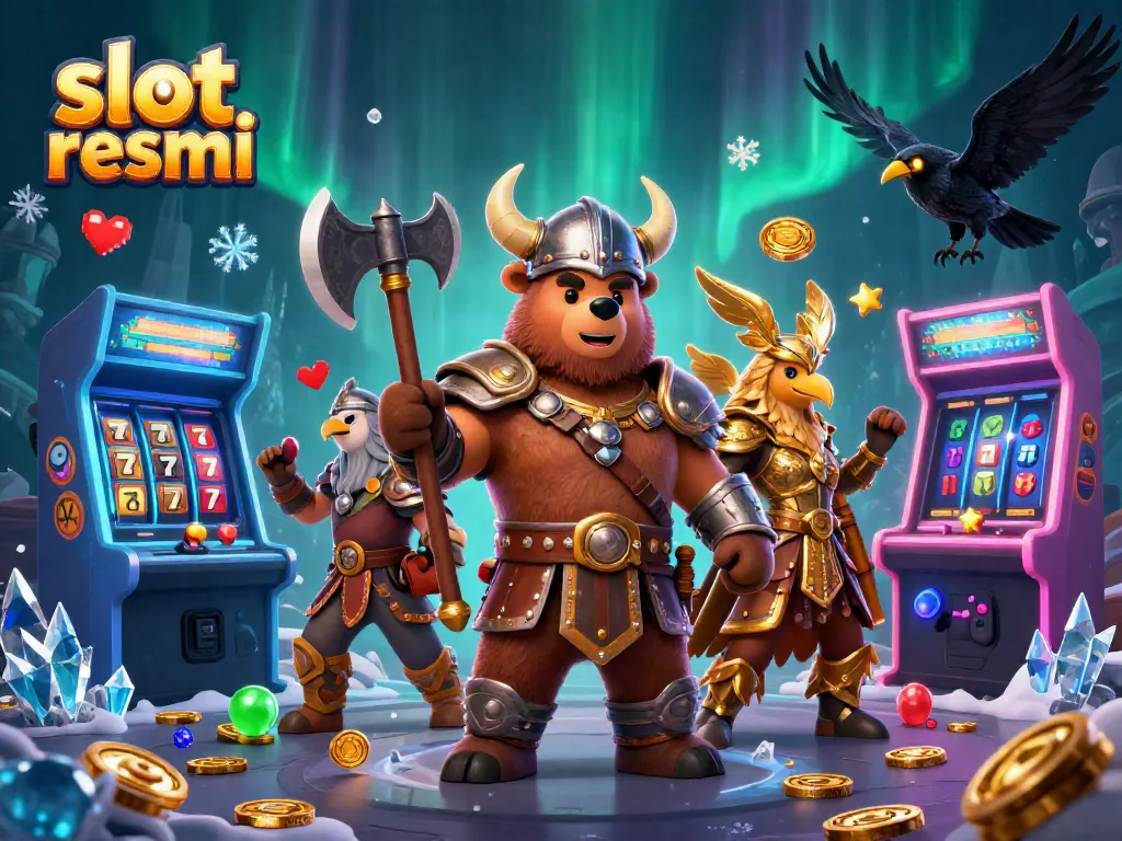 Experience the exciting world of slot resmi with Viking characters amidst colorful gaming elements.