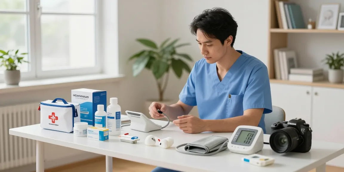 Healthcare professional assessing starkman medical supplies in a bright, organized home setting.