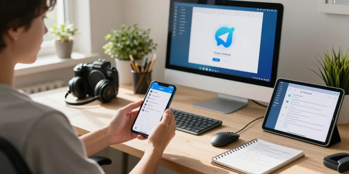Instant messaging setup featuring Telegram Chinese interface on smartphone and desktop, showcasing workspace productivity.