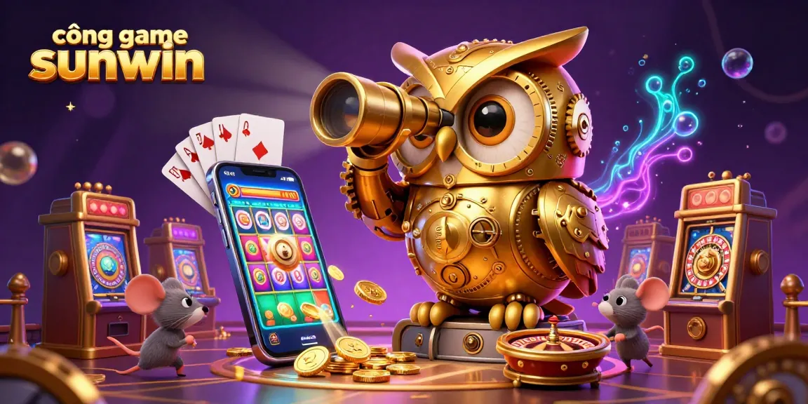 Catching golden coins and winning at cổng game sunwin with a clockwork owl and cheerful mice at a vibrant casino.